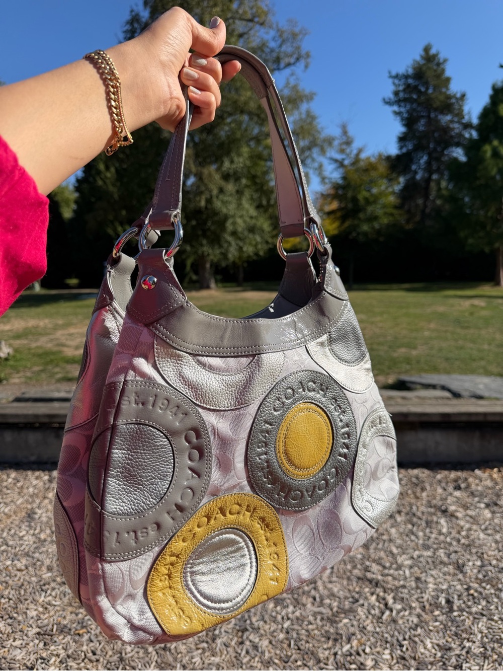 COACH Circle Mosaic Patchwork Madison Handbag Gray Patent & Sateen Leather Tote